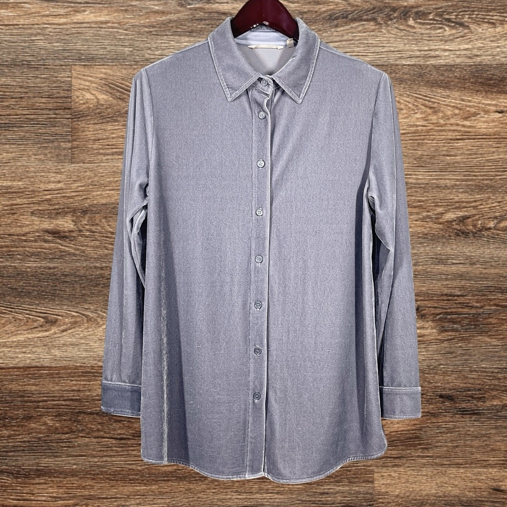 Soft Surroundings Velvet Boyfriend Tunic Shirt Size M Silver Lux Softness Chic